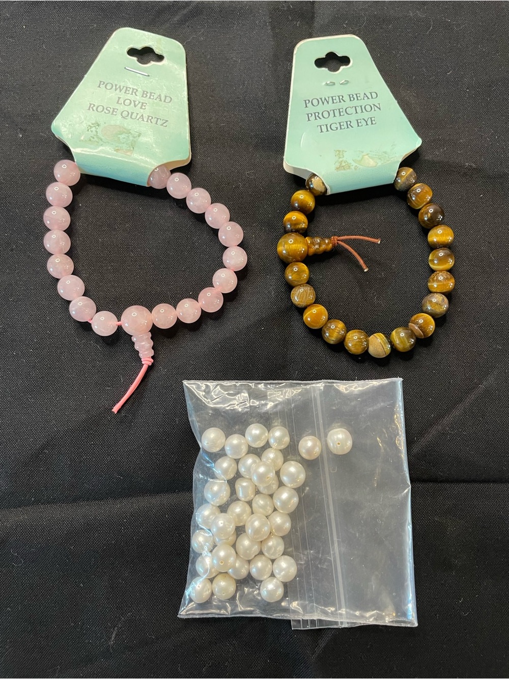 Rose Quartz Beaded Bracelet. Tiger eye beaded bracelet. 33 real pearl beads.